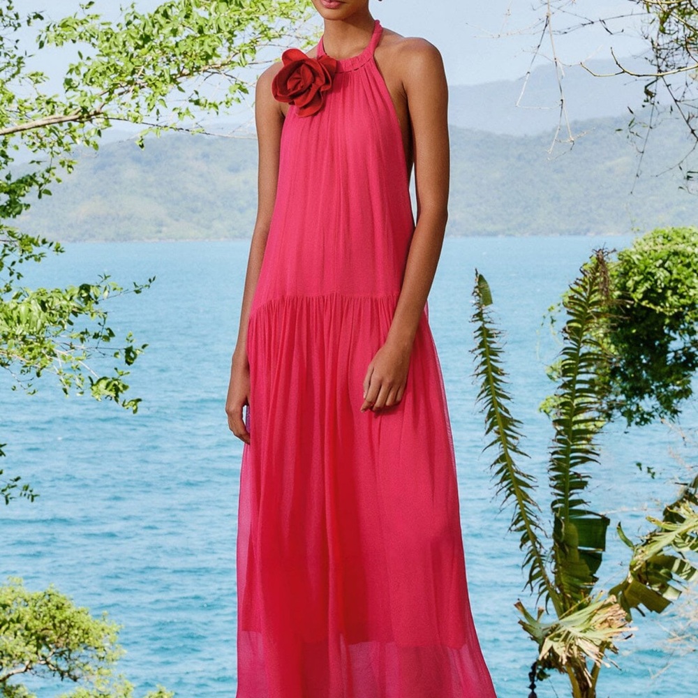 Pink Flower Halter Neck Maxi Dress